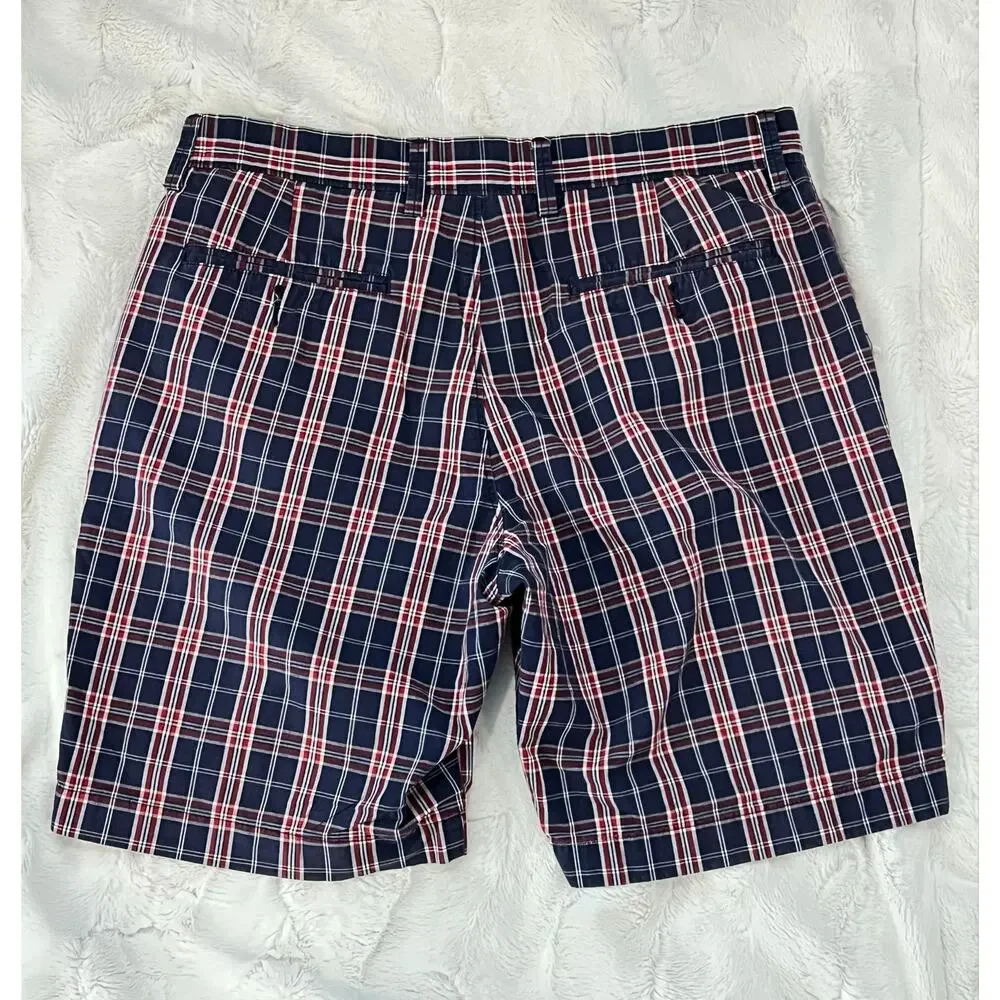 J. Crew Gramercy Plaid Shorts Mens 32 Chino Button Blue Red Preppy Vintage 32W